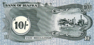 Rear of Biafran ten shillings note.