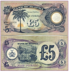 Front and rear of Biafran five pounds note.